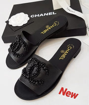 Chanel Black Beaded CC Logo Slide Sandals