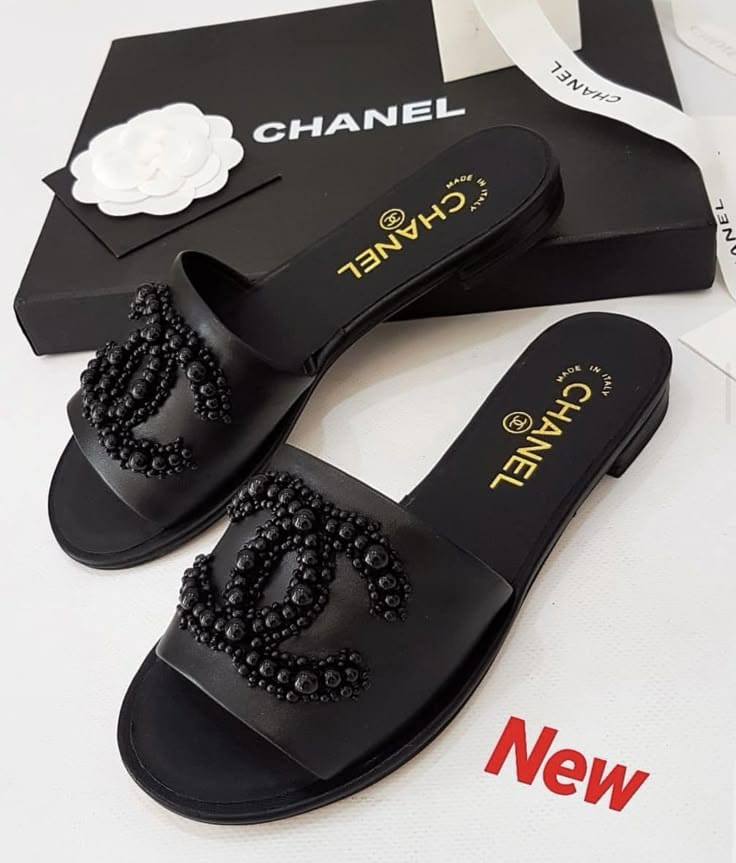 Chanel Black Beaded CC Logo Slide Sandals