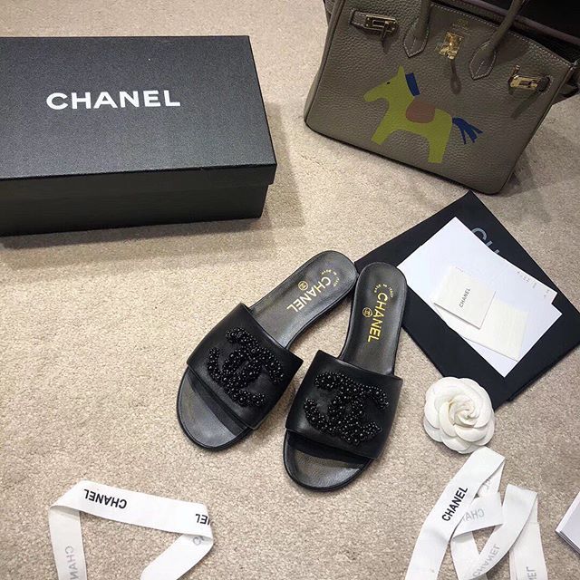 Chanel Black Beaded CC Logo Slide Sandals